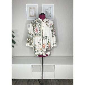 CITRON‎ Santa Monica Top Women's 1X Asian Dragon Peacock Silk Linen Snap Button